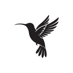 Fototapeta premium A black silhouette of a hummingbird in flight, captured with wings spread wide, isolated on a white background, featuring a sharp style