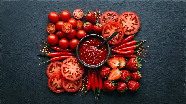 Fresh tomato slices chilis and tomato salsa in bowl on dark slate tabletop with vegetables ingredients culinary background overhead gastronomy preparation
