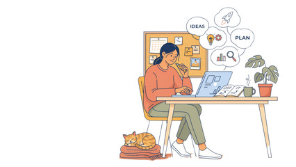 Fototapeta premium Young woman working on laptop at desk in home office with pet cat nearby