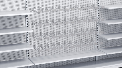 Close-up of supermarket retail displays with metal pegboard, empty shelves, euro hooks with price holders. 3d illustration © Wire_man