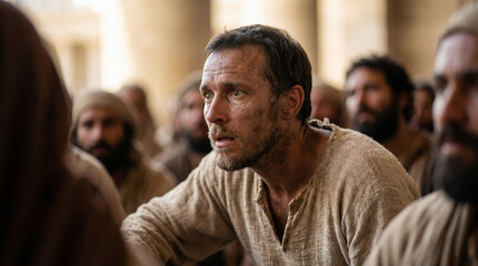 Obraz premium Apostles preaching in Solomon’s Portico. Biblical men gathering with crowd in ancient temple courtyard. Historical scene representing ministry of disciples and Acts of the Apostles
