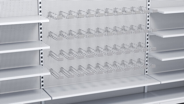 Close-up of supermarket retail displays with metal pegboard, empty shelves, euro hooks with price holders. 3d illustration