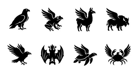 Mythical Creatures Vector Icons Set: Griffin, Winged Llama, Bison, Frog, Raven, Bat, Turtle, Crab Silhouettes © Babu
