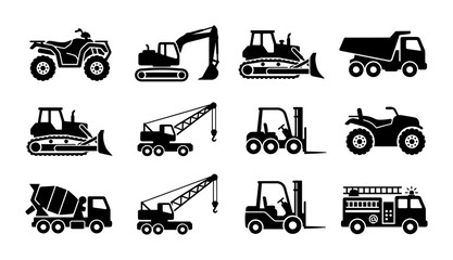 Construction and Utility Vehicle Icons: Excavator, Bulldozer, Dump Truck, Crane, Forklift, Cement Mixer, Fire Truck, ATV Set © Babu