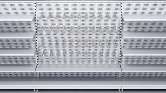 Close-up of supermarket retail displays with metal pegboard, empty shelves, euro hooks with price holders. 3d illustration