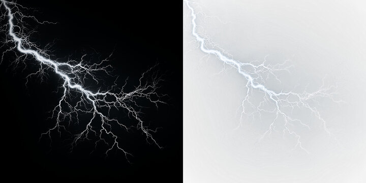 Blue and white lightning strikes across isolated on transparent and black background creating an electric display during a stormy weather event, light overlay, PNG
