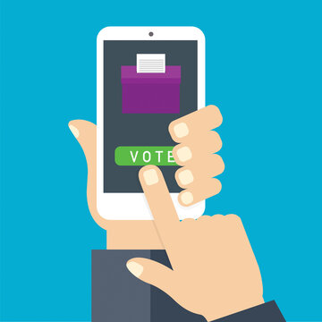 Online voting concept flat illustration hand holding smartphone with vote button
