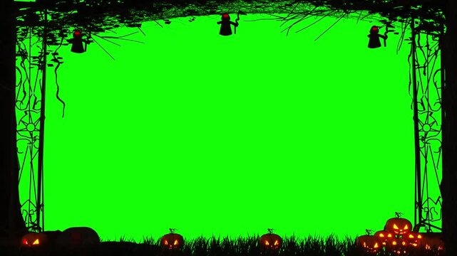 Halloween Green Screen Background with Spooky Pumpkins and Lanterns