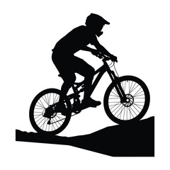 Obraz premium Mountain biking silhouette rider on full suspension bike performing a wheelie