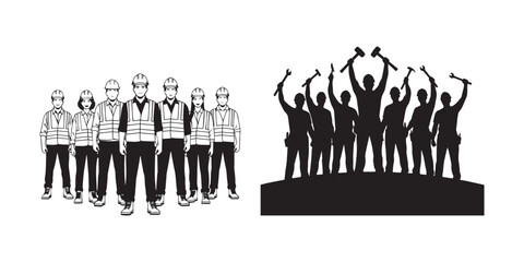Construction workers standing and striking with tools © Sebika