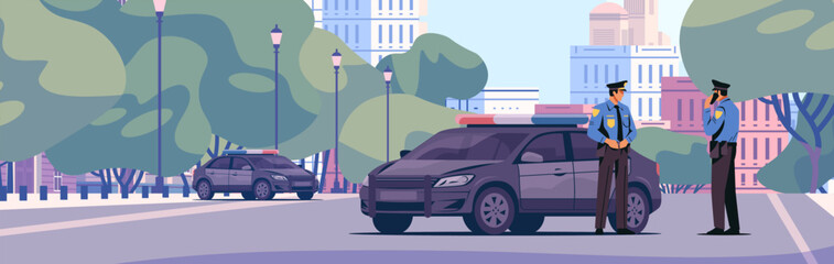 Police officers city patrol car urban street park background modern buildings law enforcement teamwork scene banner © mast3r