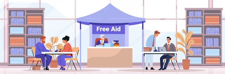 Legal aid consultation service people meeting lawyer office bookshelves indoor scene modern workspace banner © mast3r