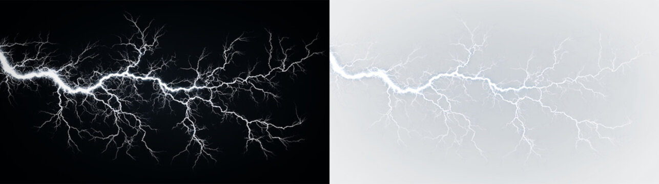 Blue and white lightning bolt flashing in the sky during a storm at night providing bright illumination, light overlay, PNG