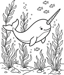 Smiling narwhal swimming underwater with seaweed © Arafat Sajid