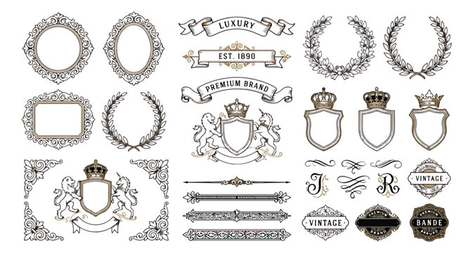 Vintage heraldic crests and luxury frames vector set, ornate royal emblems with crowns and ribbons, elegant black and gold filigree borders