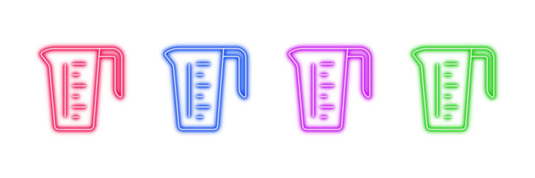 Neon glowing measuring cup vector icons set, kitchen tools, liquid capacity, fluid measurement, culinary equipment, vibrant colorful digital design