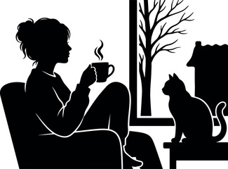 Silhouette woman drinking coffee with cat by window © Arafat Sajid