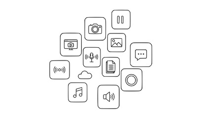 Fototapeta premium Outline Media Icons Set with Audio Video Streaming and Communication Symbols Vector Illustration