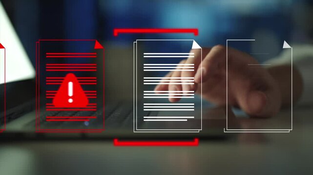 Document and file at risk, data threat, cyber alerts, file security issues, online protection, digital warning alert displayed on laptop.