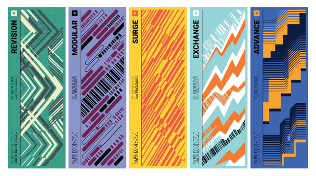 Abstract geometric banner set with futuristic data patterns, colorful vertical posters with tech graphics, modern digital art collection for web design