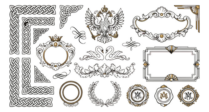 Vintage heraldic design elements set, ornate royal frames and borders vector, antique luxury crests and celtic knots for certificates