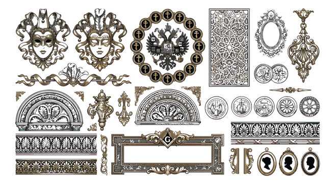 Vintage baroque design elements set, ornate victorian frames and borders, antique heraldic crests and venetian masks vector collection