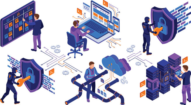 Cybersecurity and software development isometric concept set featuring network protection data pipeline server rack cloud computing kanban project management and computer programming vector