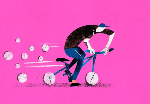 Cyclist Riding on Pill Wheels &ndash; Performance Enhancement Concept