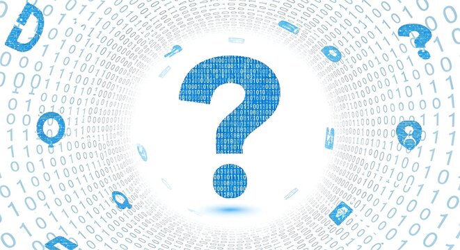 A blue question mark surrounded by various symbols and binary code on a white background
