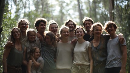 Obraz premium Joyful Diverse Group Portrait in Sunlit Forest