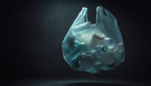 A transparent plastic bag filled with single-use plastic bottles and cups floating against a dark background, conceptual image highlighting marine pollution and microplastics.