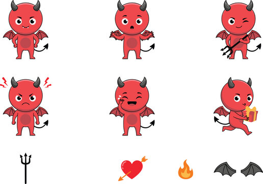 Cute Little Red Devil Cartoon Character Vector Icon Set Featuring Various Facial Expressions Pitchfork Flame Heart and Wings for Halloween Projects