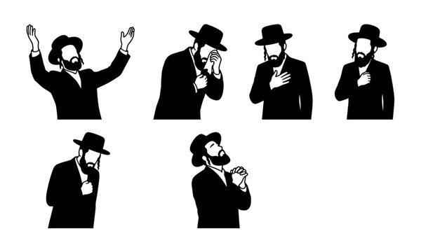 Orthodox Jewish Chassidim Praying with Deep Emotion Black Silhouette Set Isolated Vector Collection