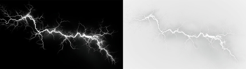 White lightning bolt striking down in a stormy sky with isolated on transparent and black background showing detailed branches and energy, light overlay, PNG © Liubov