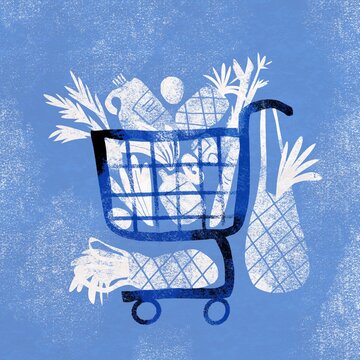 Shopping Cart Filled with Groceries and Fresh Food