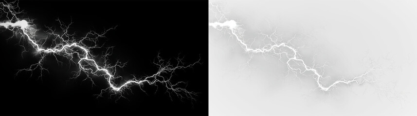 White lightning bolt striking across a clear background with energy and power in motion during a storm, light overlay, PNG © Liubov