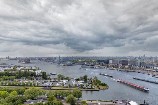 Aerial view on Amsterdam's river IJ