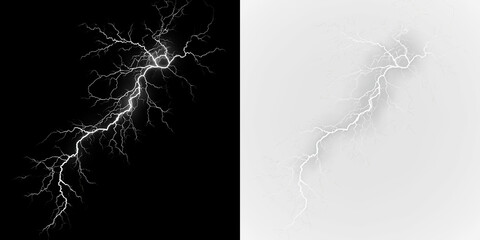 White lightning bolt isolated on transparent and black background with no visible elements around it, light overlay, PNG © Liubov
