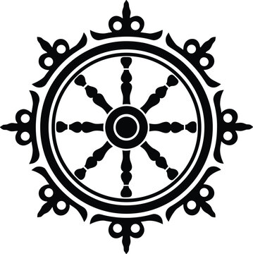 Black dharmachakra wheel symbol isolated on white background representing buddhist concept