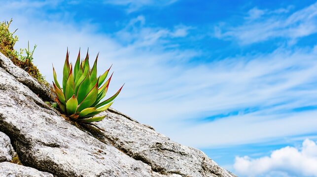 Single green agave growing tenaciously on rocky hillside with red-tipped sunlit leaves against vast sky