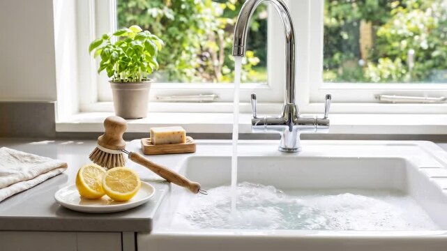Static shot of kitchen sink faucet running and filling basin with soapy bubbles, lemon and wooden scrub brush on sunlit windowsill in morning home setting