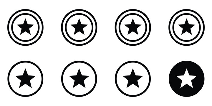 Star rating icon set, seven outline stars in circles and one solid star, isolated on transparent background, review and ranking symbols.