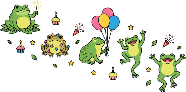 Cute frog cartoon character birthday party vector set featuring adorable toads holding balloons sparkler celebrating dancing jumping with cupcakes confetti and stars elements illustration.
