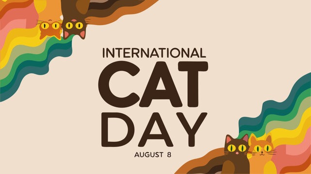 International cat day august 8 celebration with cute cartoon cats and colorful wavy patterns