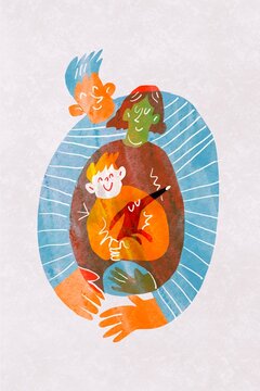 Happy Family Hugging with Dog &ndash; Togetherness and Care Concept