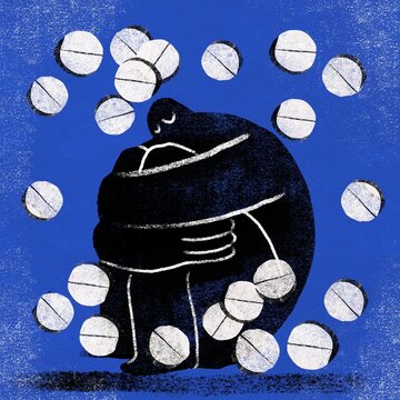 Sad Figure Surrounded by Flying Pills &ndash; Medication Dependence Concept