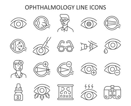 Ophthalmology line icon set. Vision diagnostic and treatment outline symbol for medical application. Vector collection with eye, eyeball, person wearing glasses, eye surgery, laser surgery, glasses, o