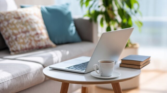 Laptop, coffee, and books on a small table in a modern living room, representing remote work, comfort, and productivity