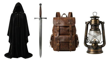 Medieval fantasy adventurer equipment set, isolated on transparent background © PNG Lab