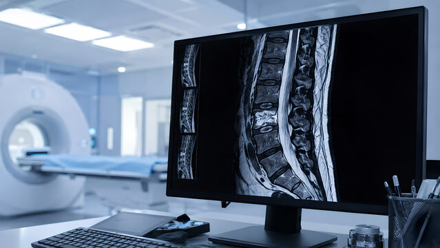Spine Vertebral Fracture MRI Radiology Image With Localized Marrow Edema in Hospital Diagnostic Imaging Room